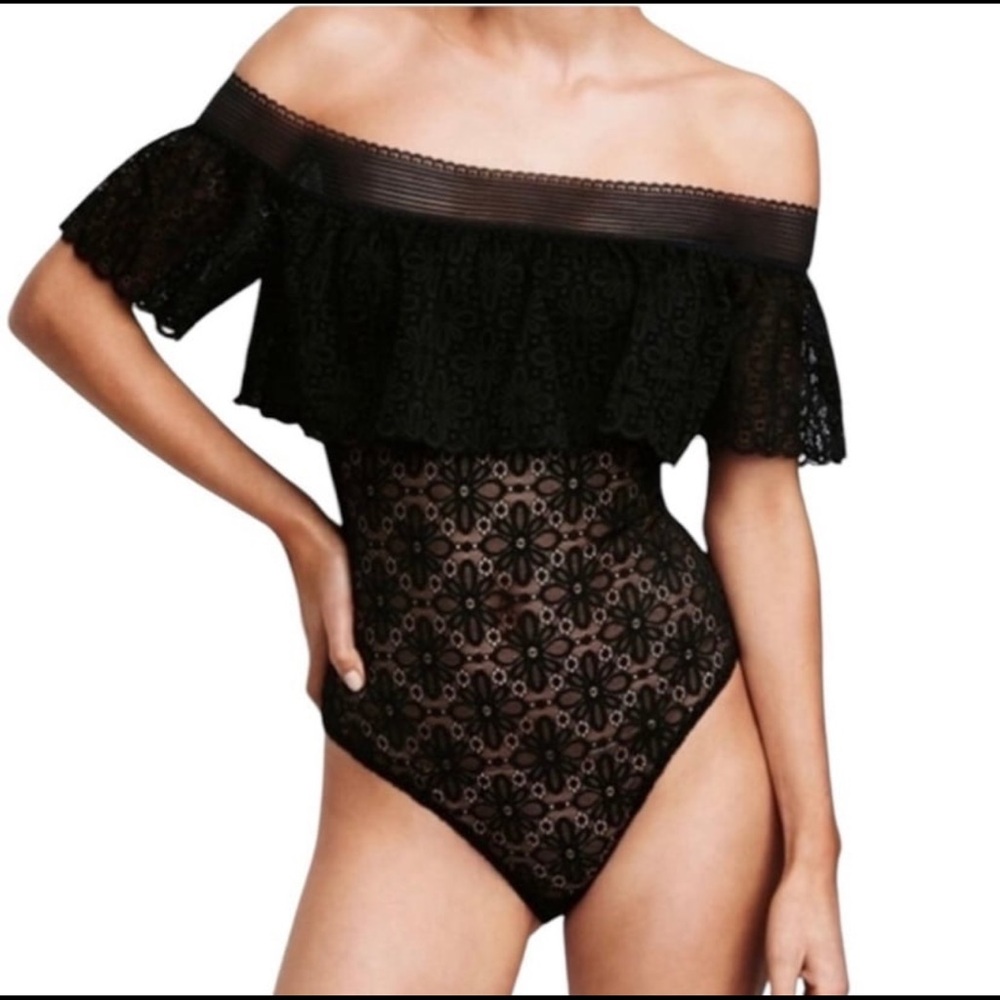 Victoria's Secret Floral Off-the-shoulder Lace Bodysuit Black Size L Whimsigoth - Picture 3 of 12